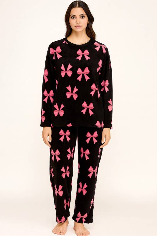 Bow Printed Black PJ Set
