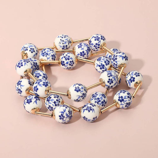 3PCS - Floral Ceramic Ball Beaded Stretch Multi Layered Bracelets