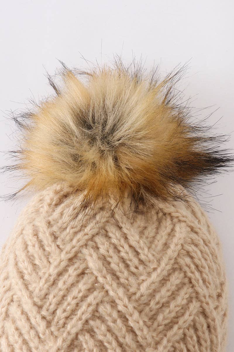 Beige cross cable knit pom pom beanie hat toddler/kids