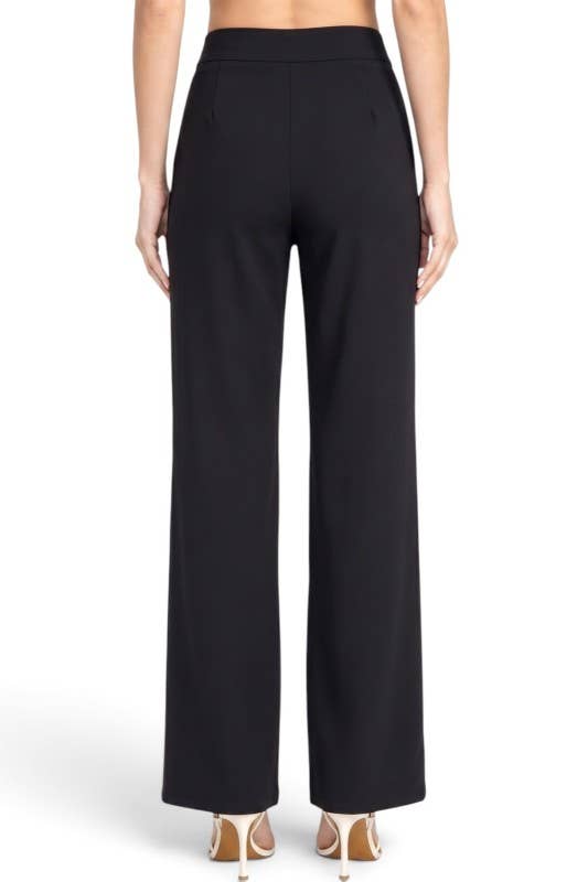 Button-Trimmed – High Rise Pleated Pants: Black