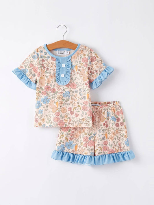 Easter Girls Blue Bunny Floral Print Pajamas Set
