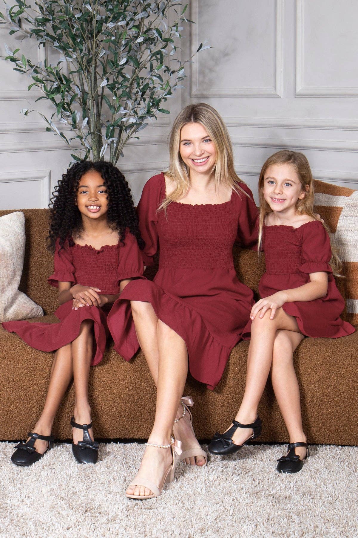 Kid's Smocked Dress Short Puff Sleeve Ruffle Crepe Midi