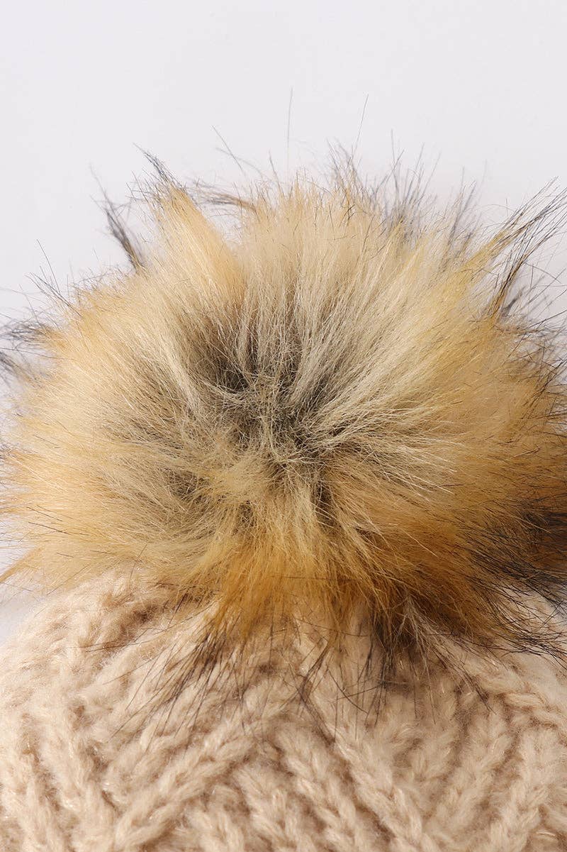 Beige cross cable knit pom pom beanie hat toddler/kids