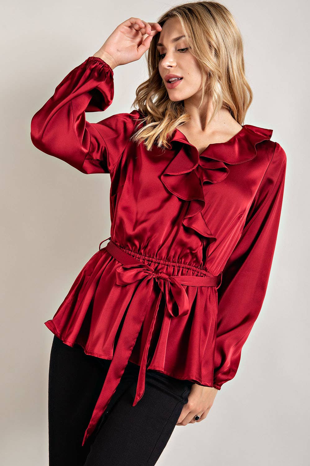 RUFFLED SATIN TOP WITH SELF TIE BELT