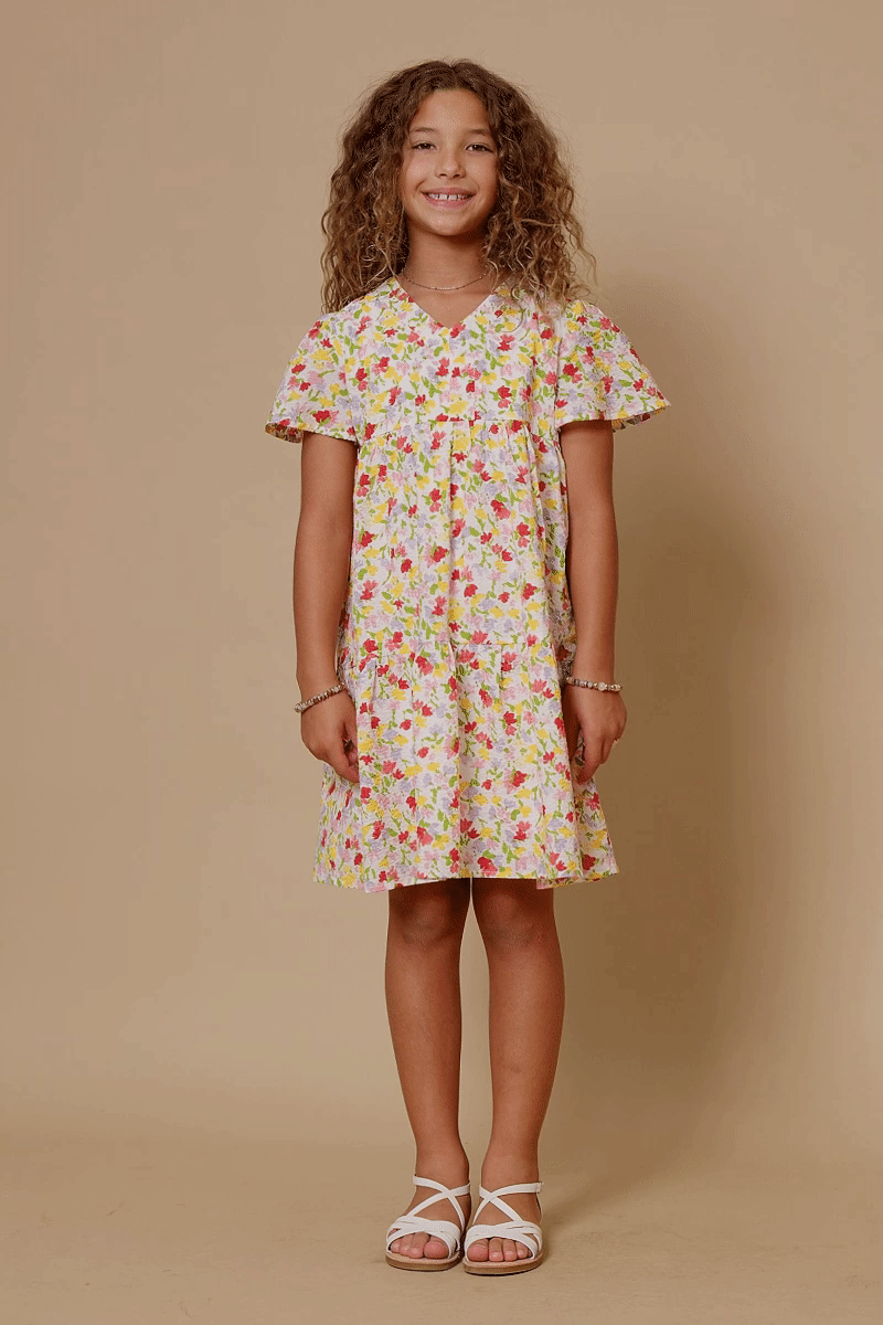 Girls Ditsy Floral V Neck Flutter Sleeve Dress