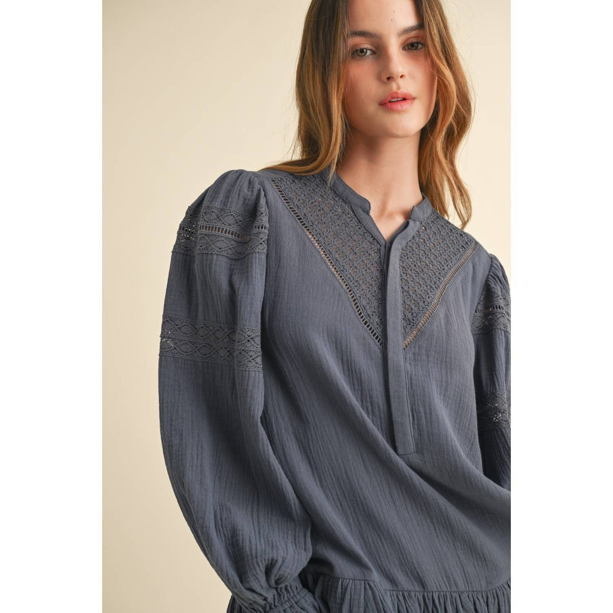 Indigo Blue LONG SLEEVE RUFFLE MINI DRESS