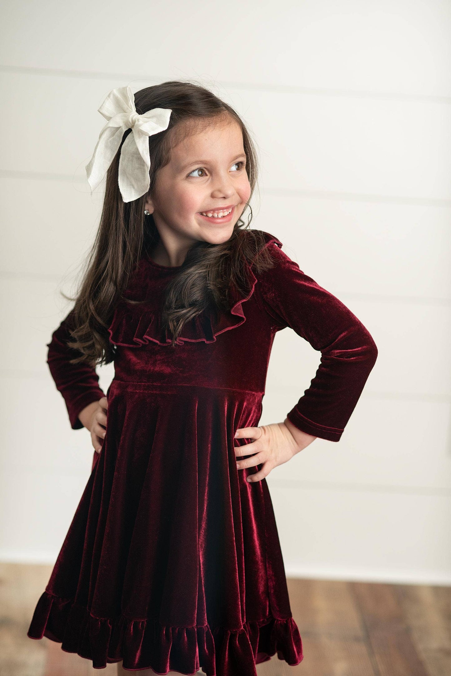 Kids Wine Velvet Ruffle Fancy Dress