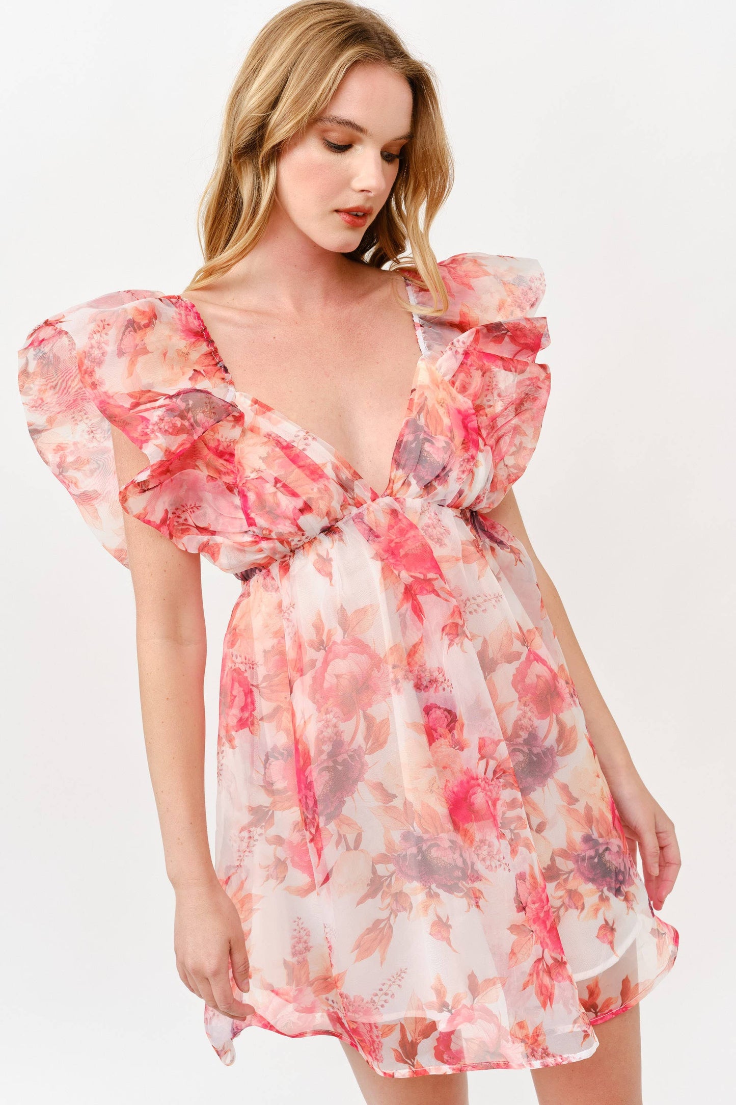 Pink Floral Chiffon Mini Dress with Ruffle Sleeves