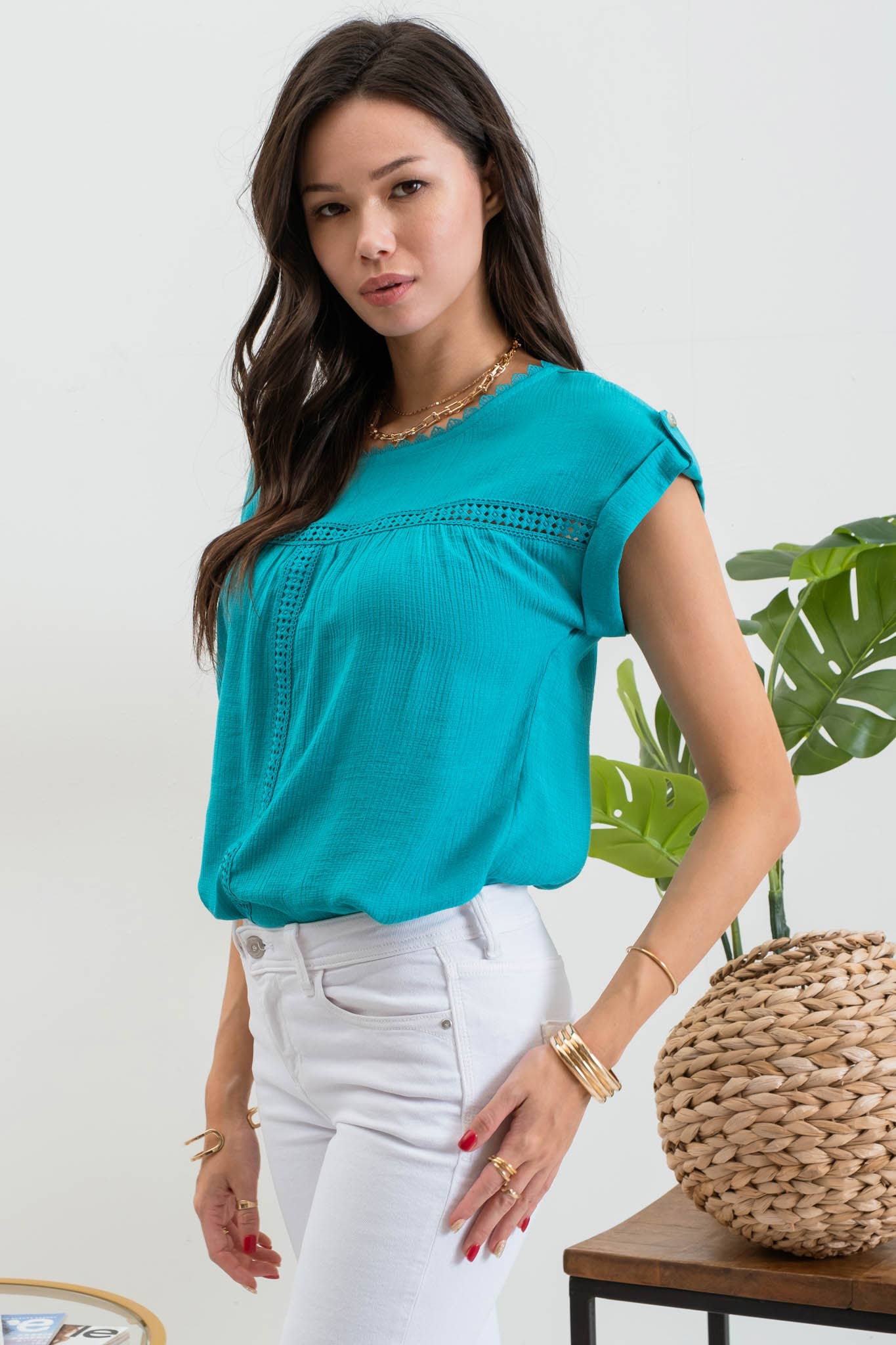 LACE TRIM ROLL TAB SLEEVE BLOUSE