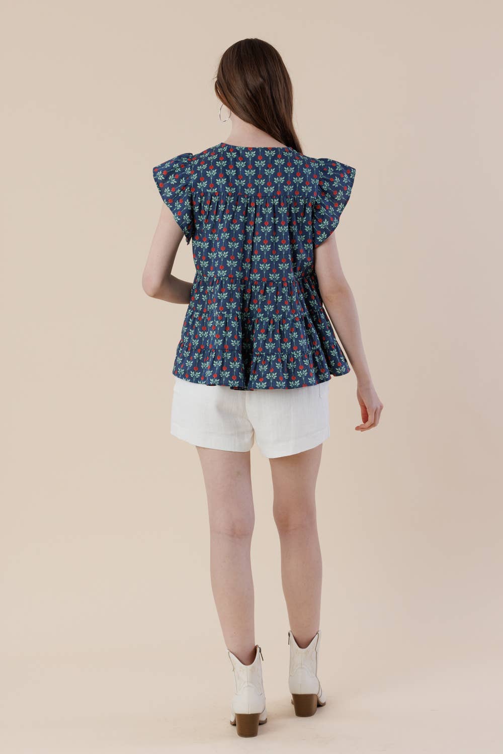 Floral Flutter Sleeve Tiered Blouse with Split Neck