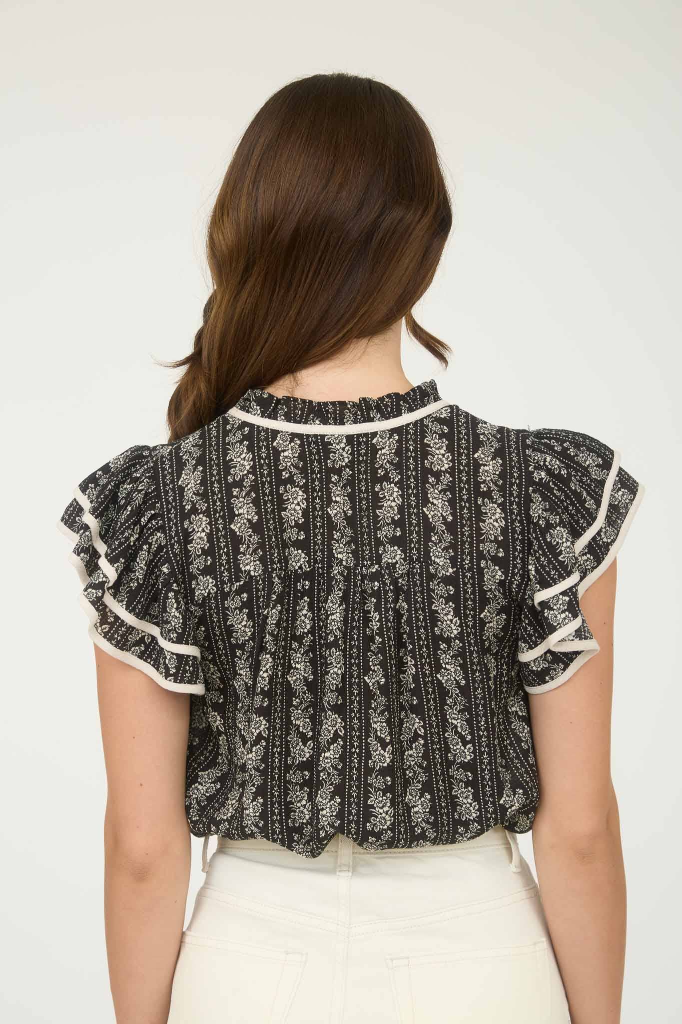 PLUS STRIPE FLORAL PATTERN TIE FRONT RUFFLE TOP