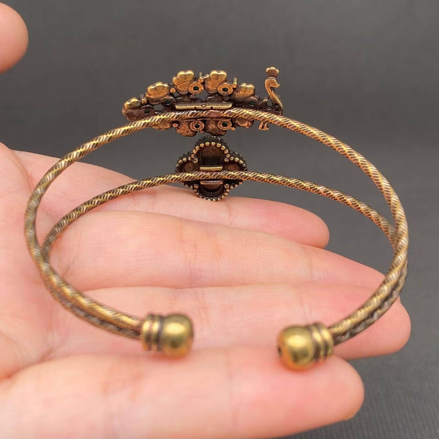 Vintage Bronze Brass Peacock & Clover Bangle