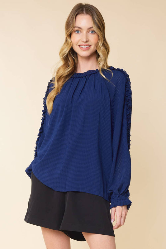 BURNOUT GINGHAM RUFFLED LONG SLEEVES TOP ~ Navy