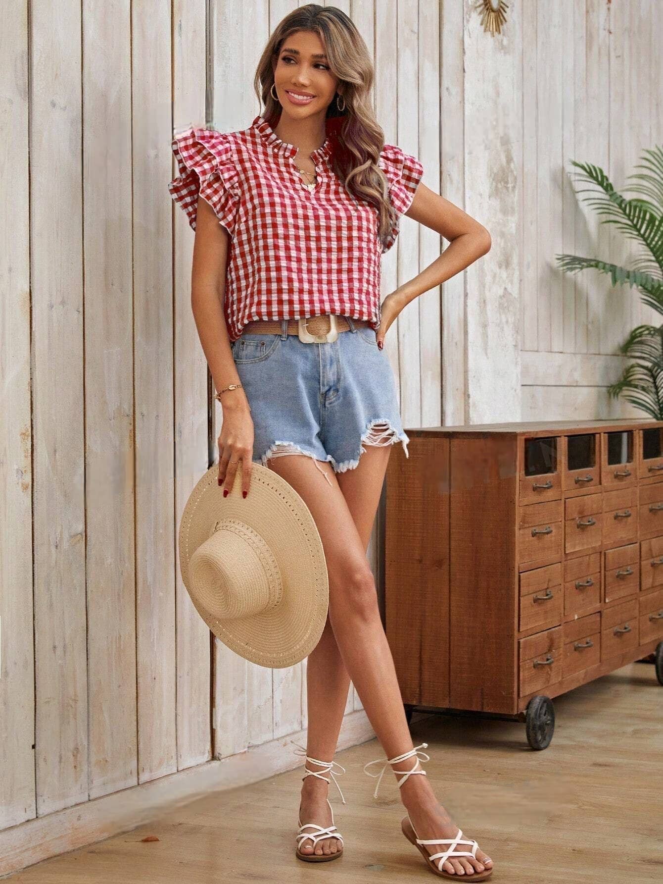 Double-layer ruffled edge patterned top (Multiple colors)