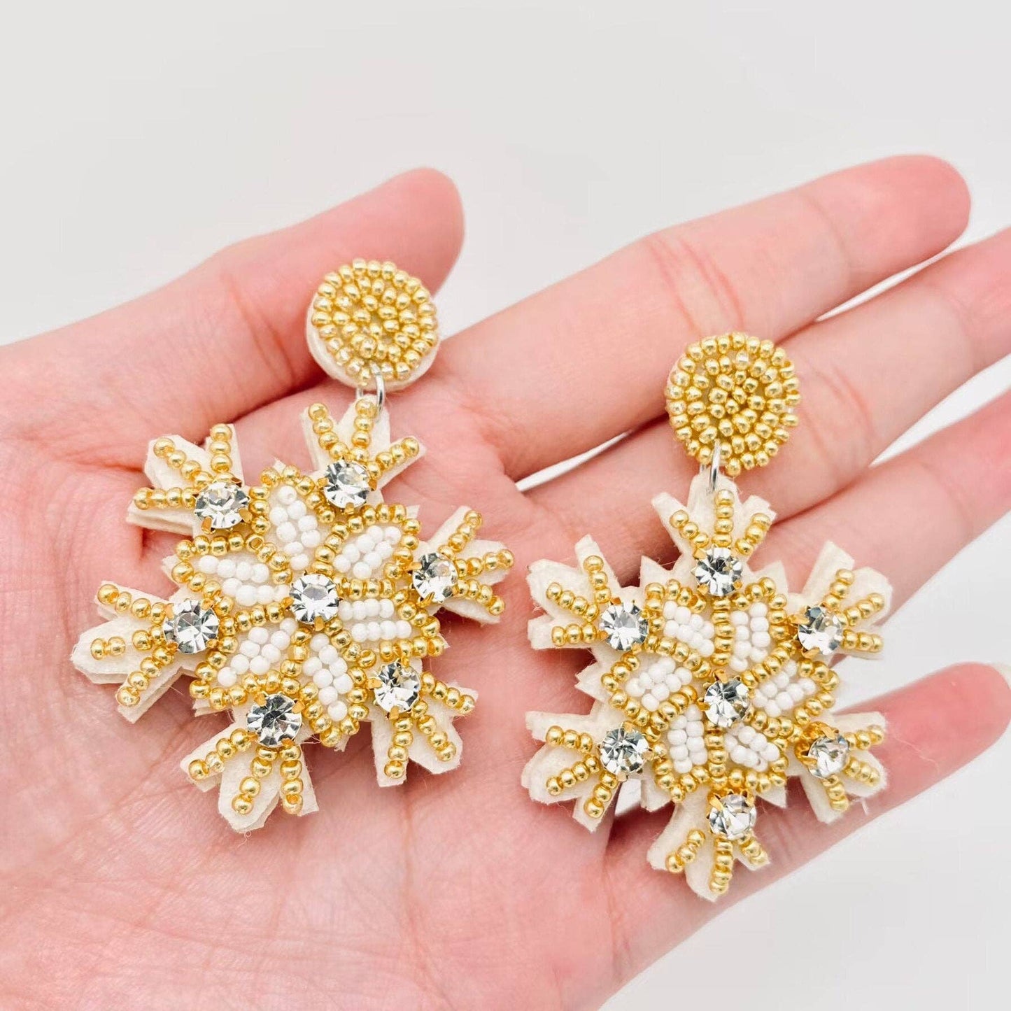 Christmas Handmade Beaded Rhinestone Snowflake Earrings