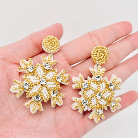 Christmas Handmade Beaded Rhinestone Snowflake Earrings