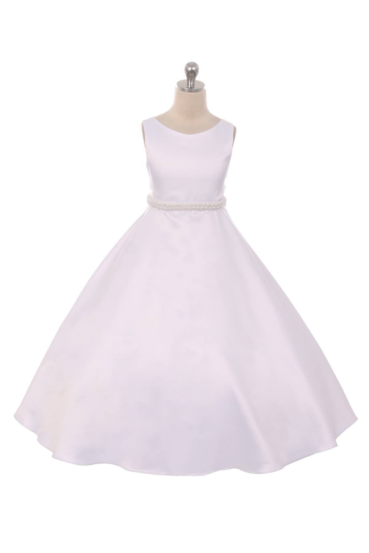 Long Satin Pearl Trim Girls Communion Dress