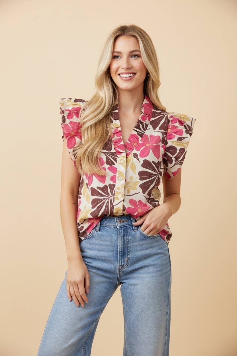 Floral Print Ruffle Sleeve Button Front Blouse