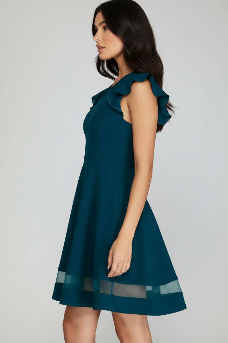 RUFFLED CAP SLEEVE ORGANZA HEM DETAIL MINI DRESS