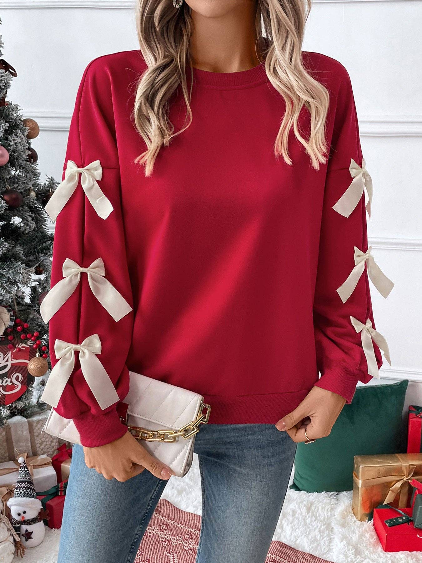 Christmas Bow Sleeve Round Neck Long Sleeve Sweatshirtp