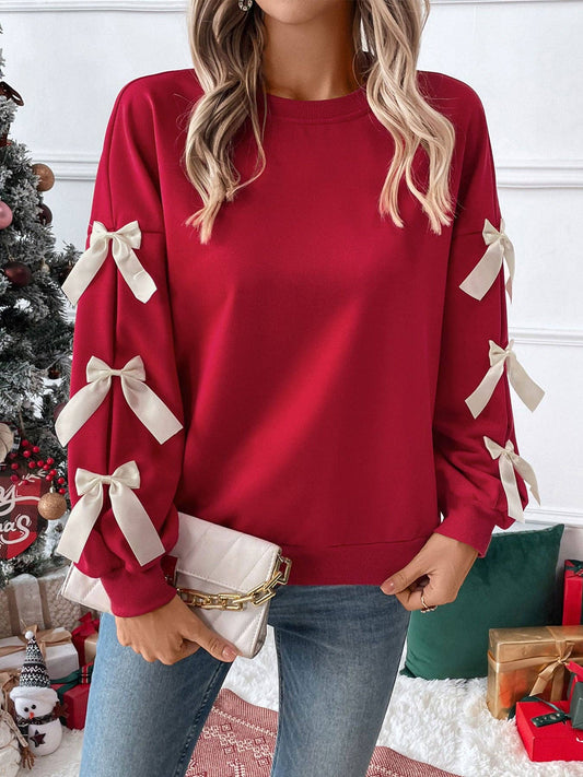 Christmas Bow Sleeve Round Neck Long Sleeve Sweatshirtp
