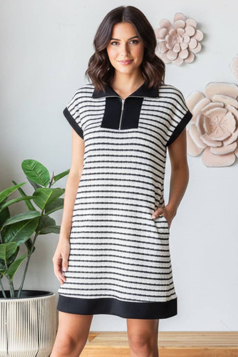 STRIPE JACQUARD ZIPPER UP MINI DRESS