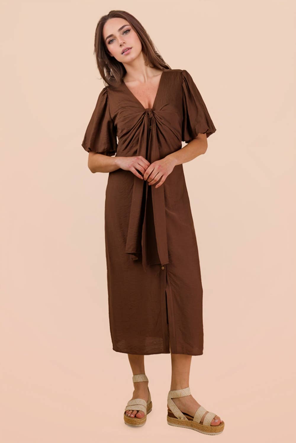 Chocolate Front Tie Detail Button Down Midi Dress