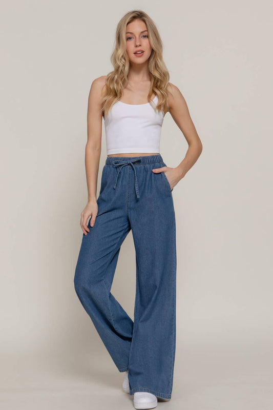 Elastic Waistband Straight Denim Long Pants
