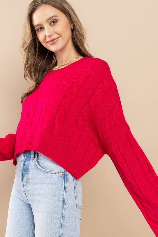 Cable Cropped Sweater - Retro/Vintage Design ~ Pink