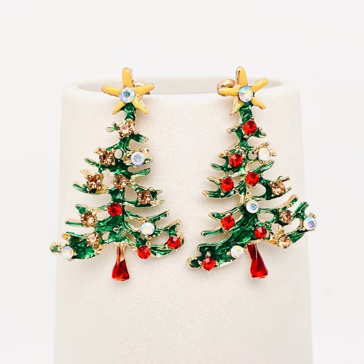 Rhinestone Enamel Christmas Tree Post Earrings