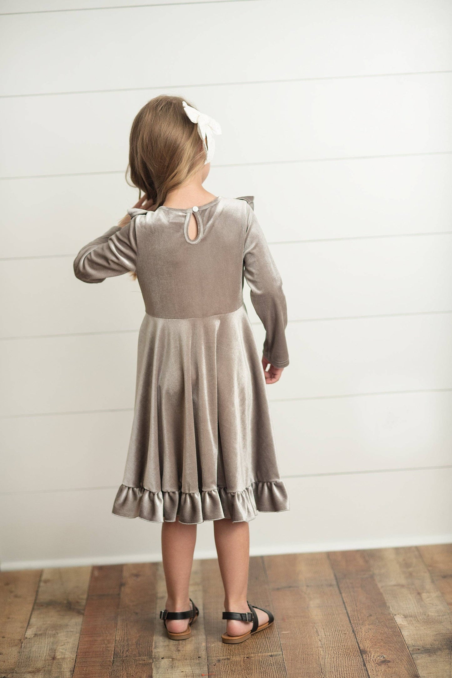 Kids Silver Velvet Ruffle Fancy Party Dress