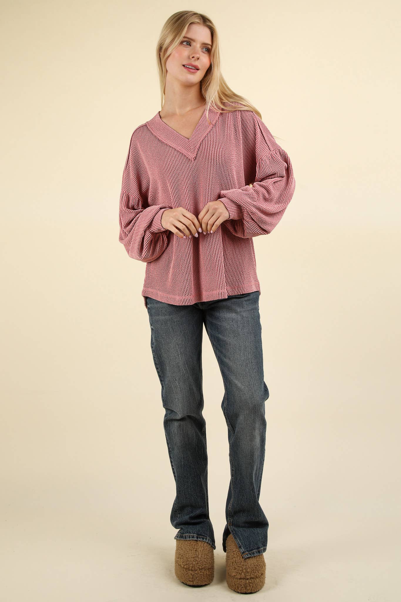 Ribbed V-Neck Oversized Knit Top