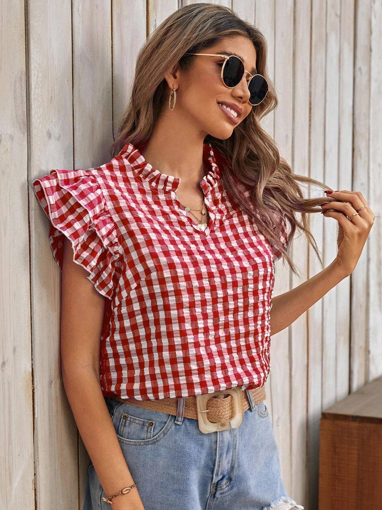 Double-layer ruffled edge patterned top (Multiple colors)