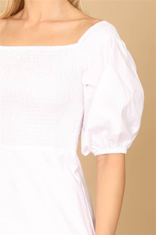 Puff Sleeve Smocked Ruffle Hem Solid Dress