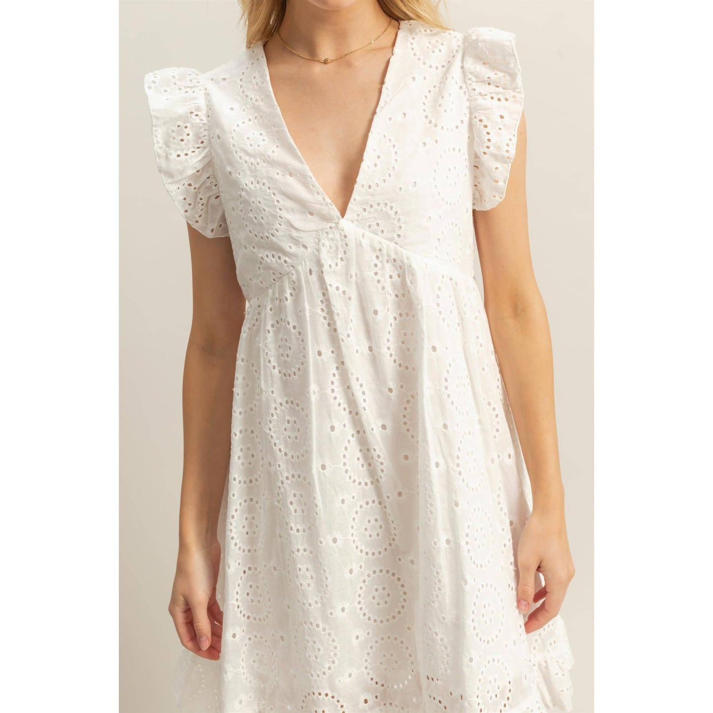 Flutter Sleeve V-Neck Eyelet Mini Dress