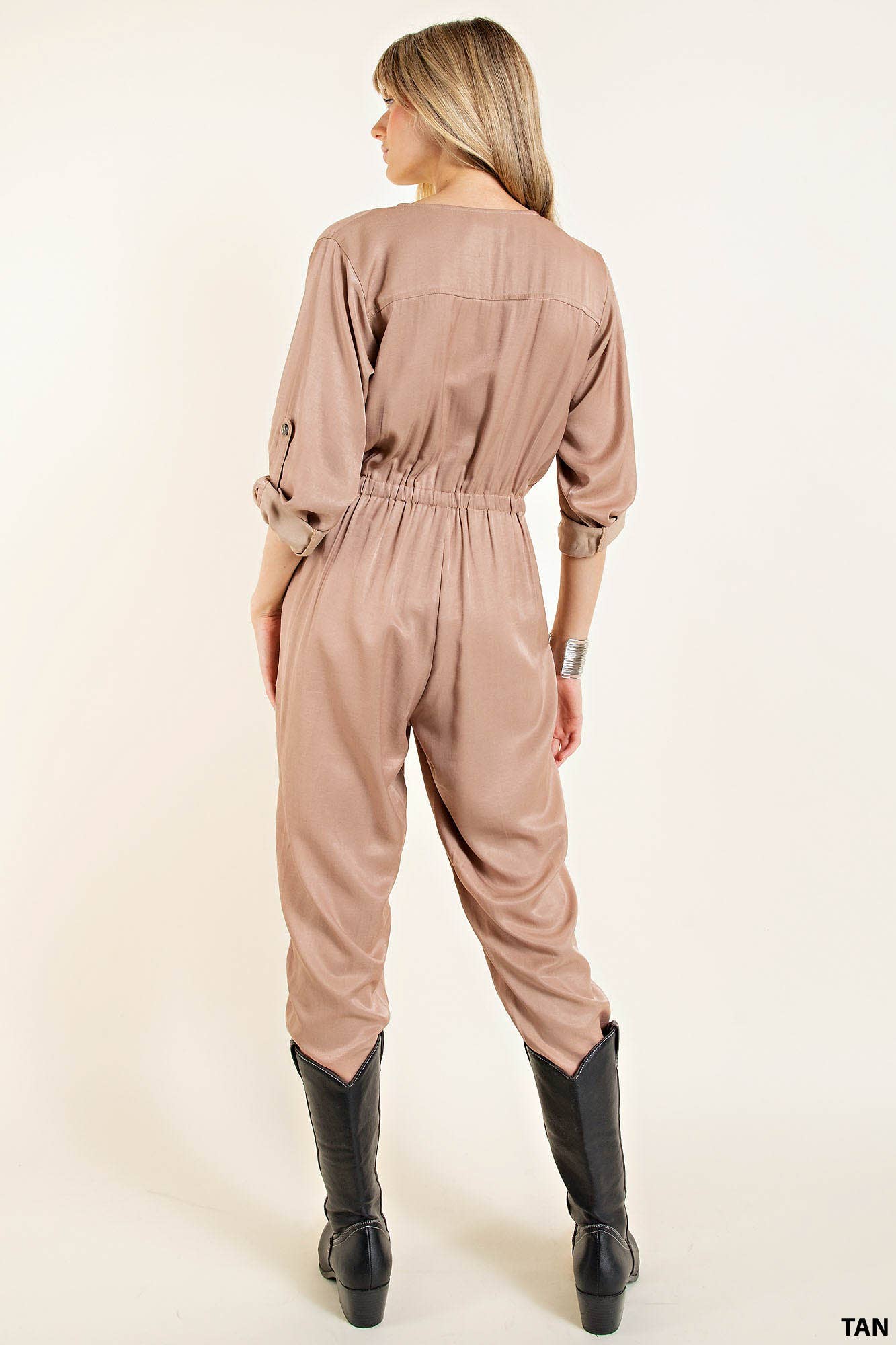 SATIN V NECK FRONT ZIPPER JUMPSUIT