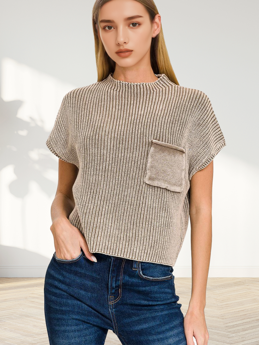 Washed Mock Neck Short Sleeve Sweater