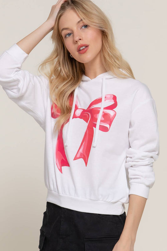 Long Sleeve Hoodie Bow Print Inner Fleece French Terry Top