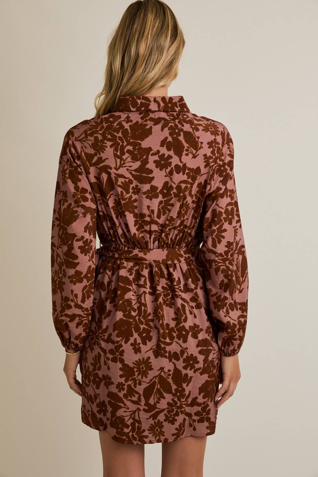 COLLAR BUTTON UP LONG SLEEVE WAIST TIE FLORAL MINI DRESS