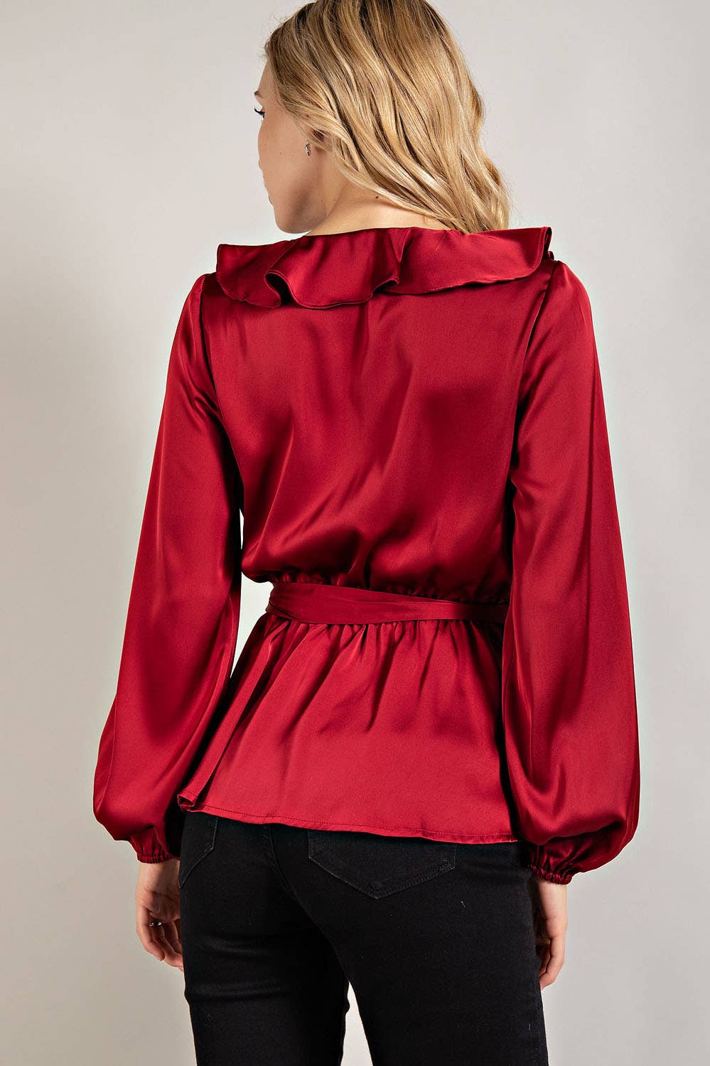 RUFFLED SATIN TOP WITH SELF TIE BELT