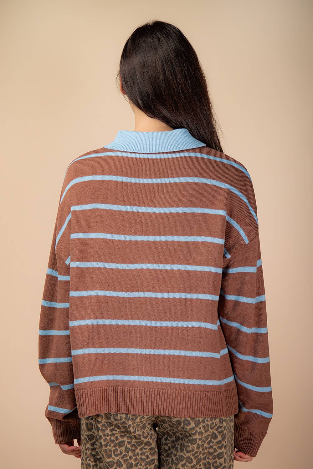 Mocha Oversized Button Down Striped Casual Sweater
