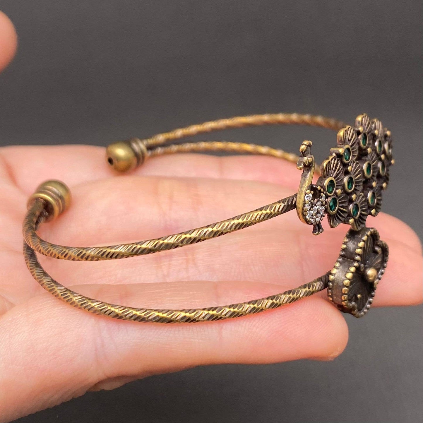 Vintage Bronze Brass Peacock & Clover Bangle