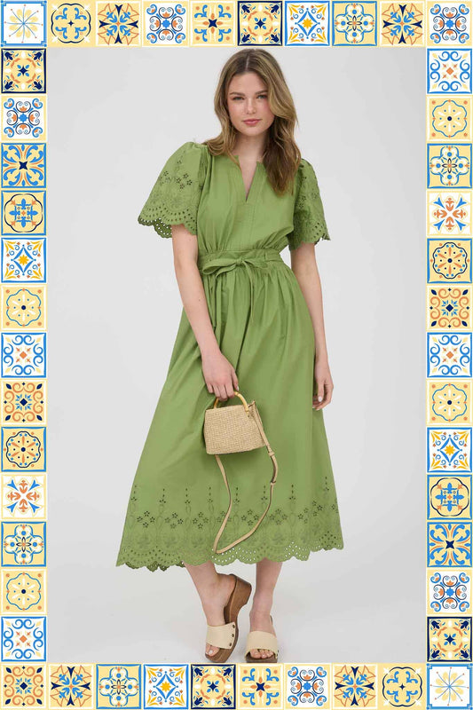EMBROIDERY EYELET DETAIL MIDI DRESS