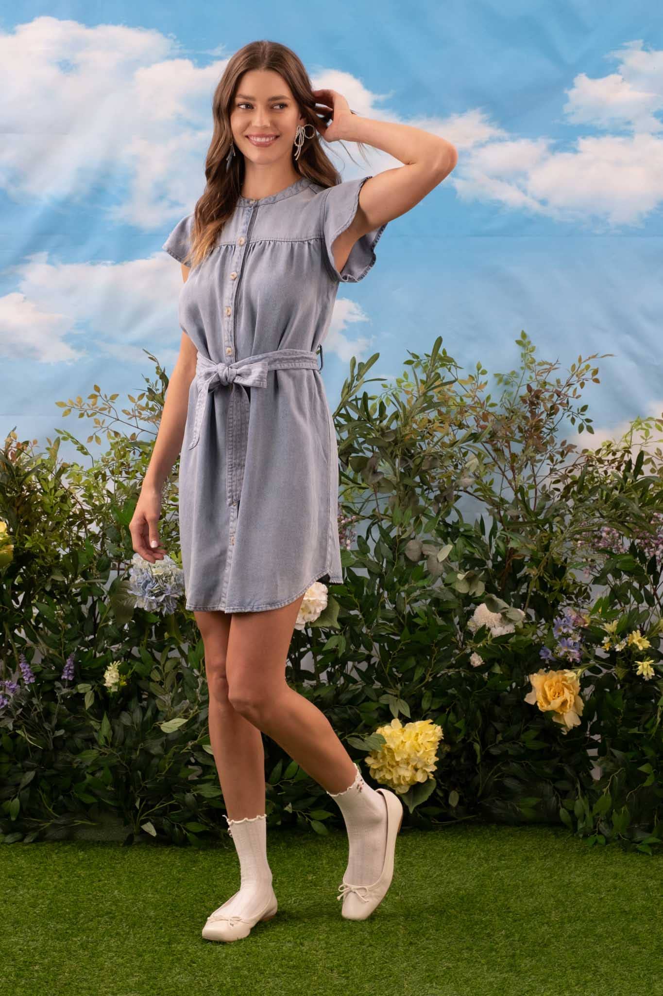 CHAMBRAY BUTTON UP FLOUNCE SLEEVE BELTED MINI DRESS