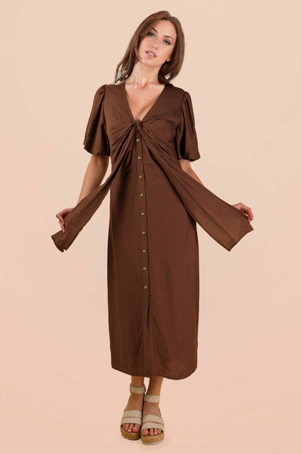 Chocolate Front Tie Detail Button Down Midi Dress