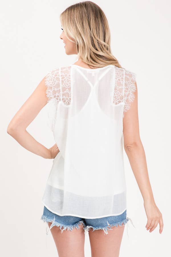 Casual Sleeveless Lace-Trim Blouse