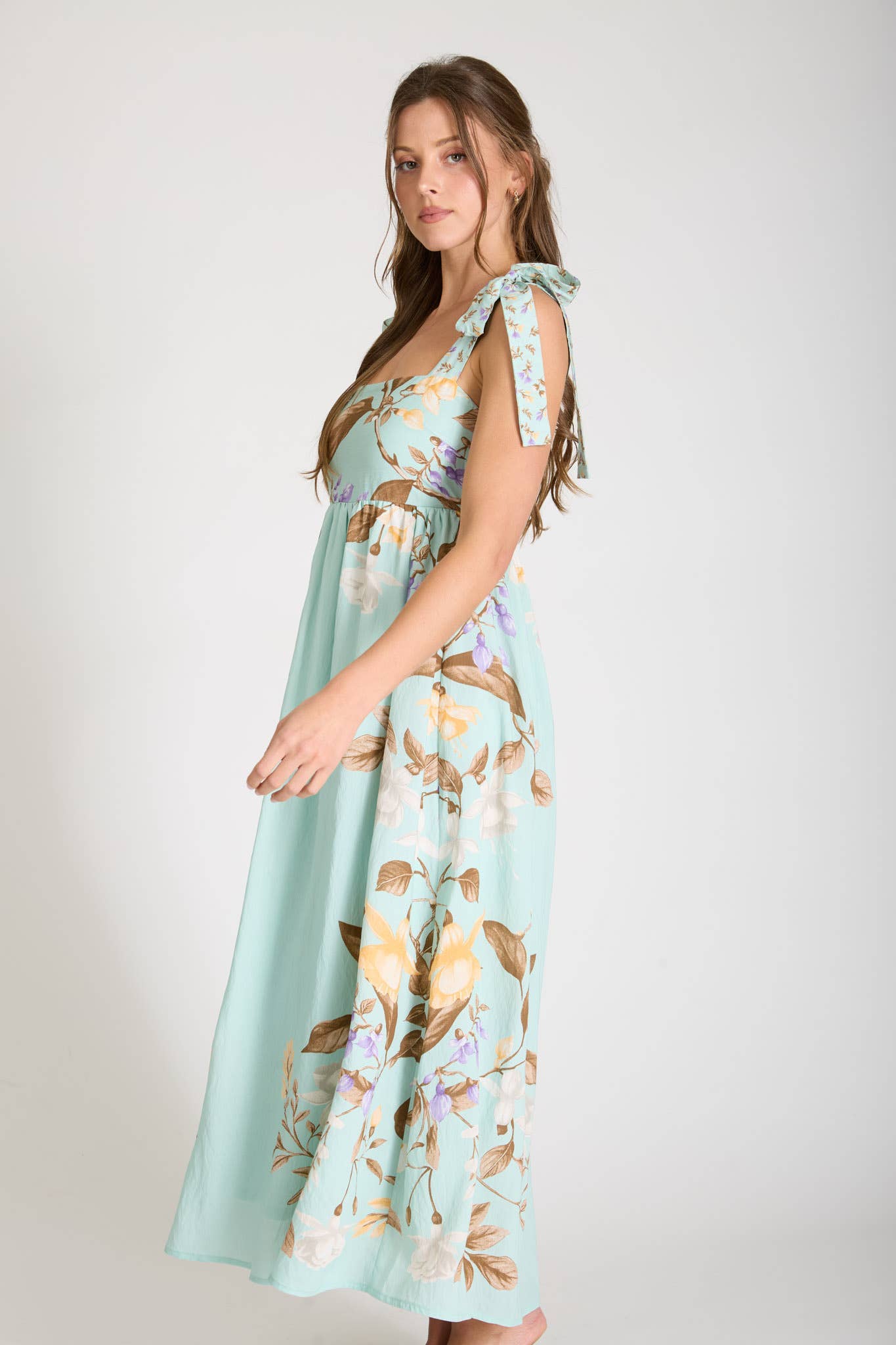 DUSTY MINT FLORAL TIE STRAP MIDI DRESS