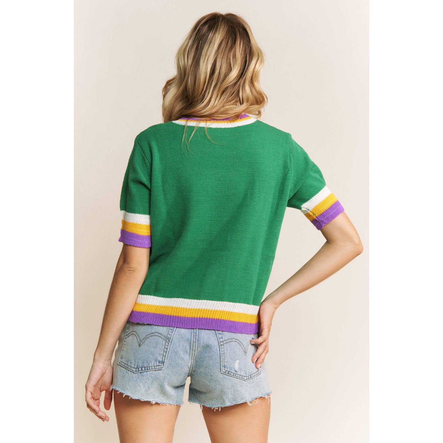 MARDI GRAS BOW DETAIL SHORT SLEEVE PULLOVER TOP