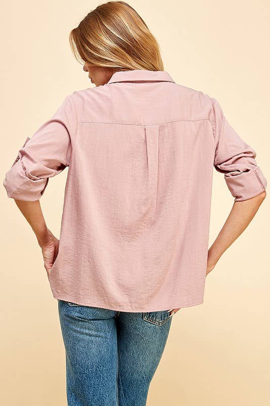 WOMEN BUTTON UP COLLARED V NECK BOHO LOOSE TOP