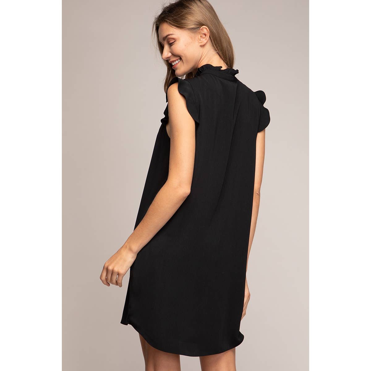 Cascade Ruffle Front Mock Neck Dress